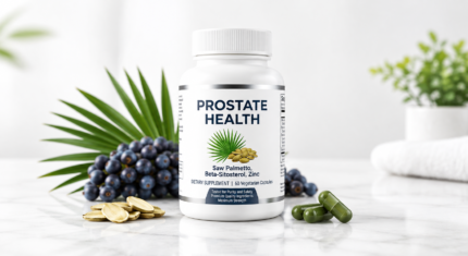 ZenvitaCo Prostate Health dietary supplement bottle with saw palmetto and capsules on a clean white background.
