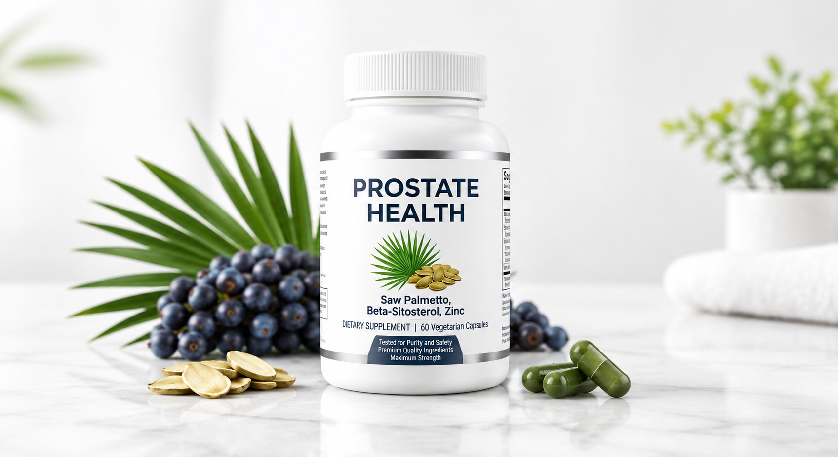 ZenvitaCo Prostate Health dietary supplement bottle with saw palmetto and capsules on a clean white background.