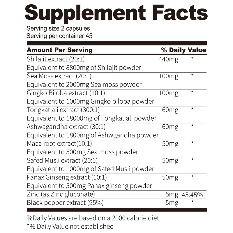 Shilajit Sea Moss Supplement for Men’s Vitality and Energy ingredients list